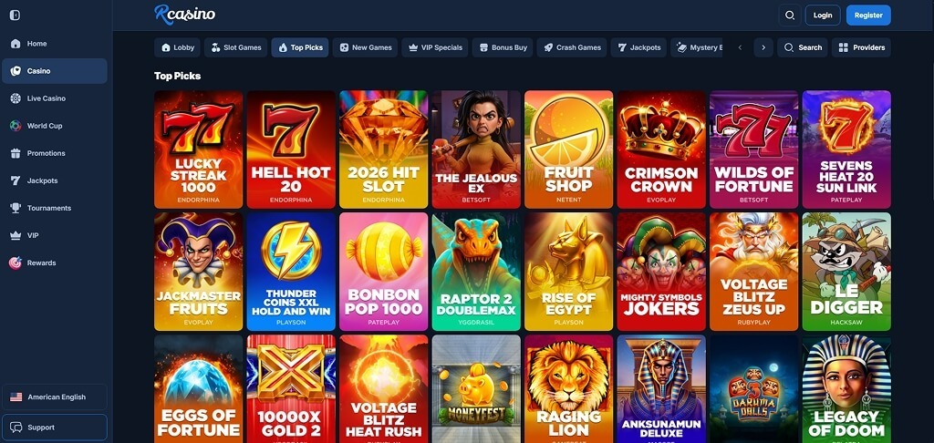 Browsing the RCasino games lobby