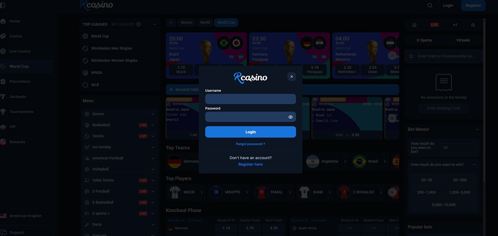 RCasino login screen