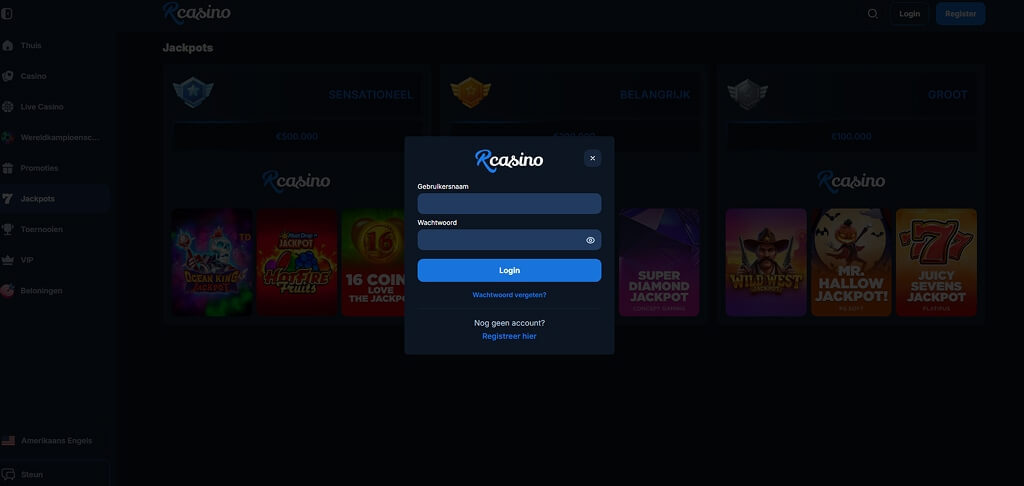 RCasino inlogscherm
